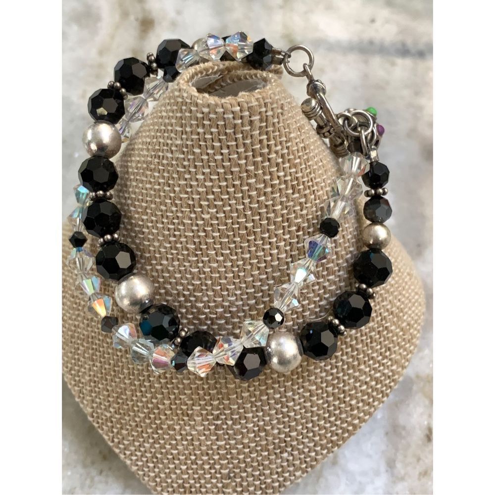 Black Clear Aurora Borealis Austria Crystals Double Strand Bracelet #handmade